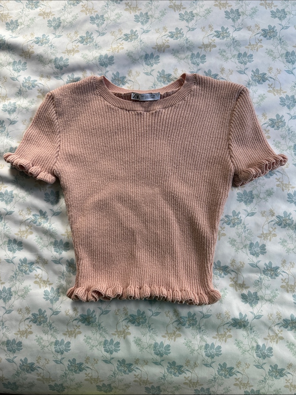Zara Dusty Pink Ribbed Crop Top with Ruffle Trim